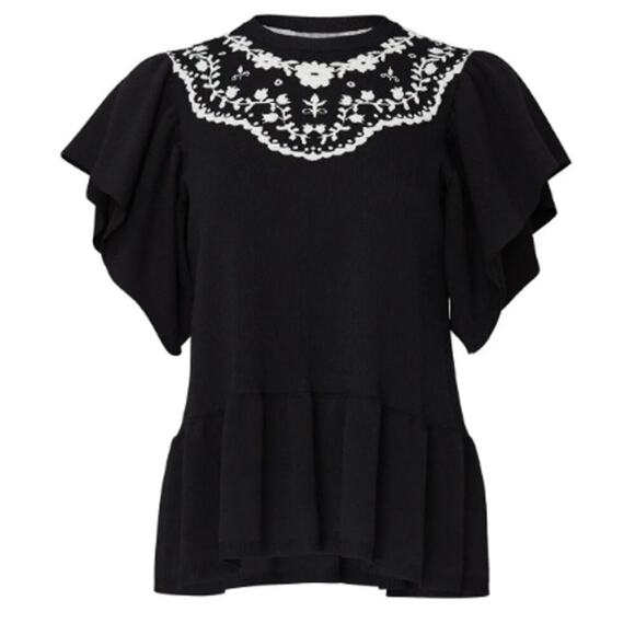 Red Valentino Womens Size Small Maglia Top Blouse Black Floral Flutter Sleeves